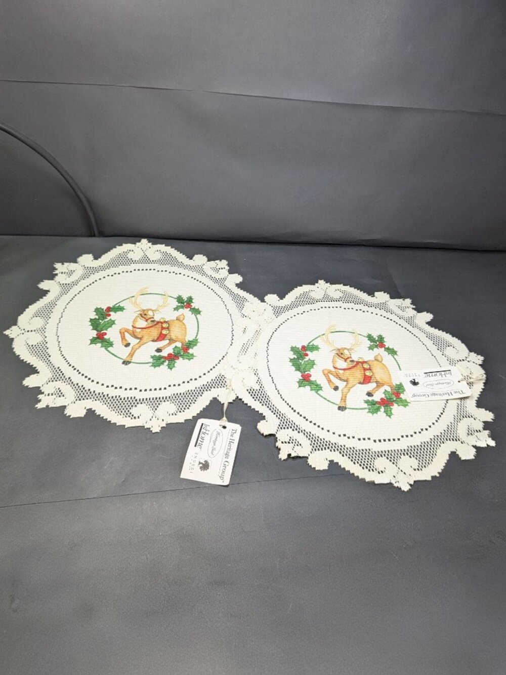 NWT Heritage Lace Reindeer Round (2) Doilies Cream Ecru 14" Christmas Decor